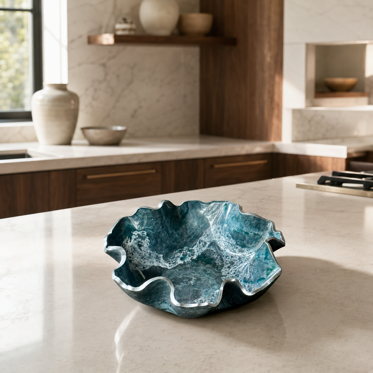 Medium Teal and Silver bowl, 11x3" geode design epoxy resin