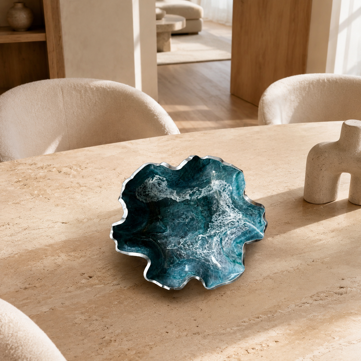 Medium Teal and Silver bowl, 11x3" geode design epoxy resin