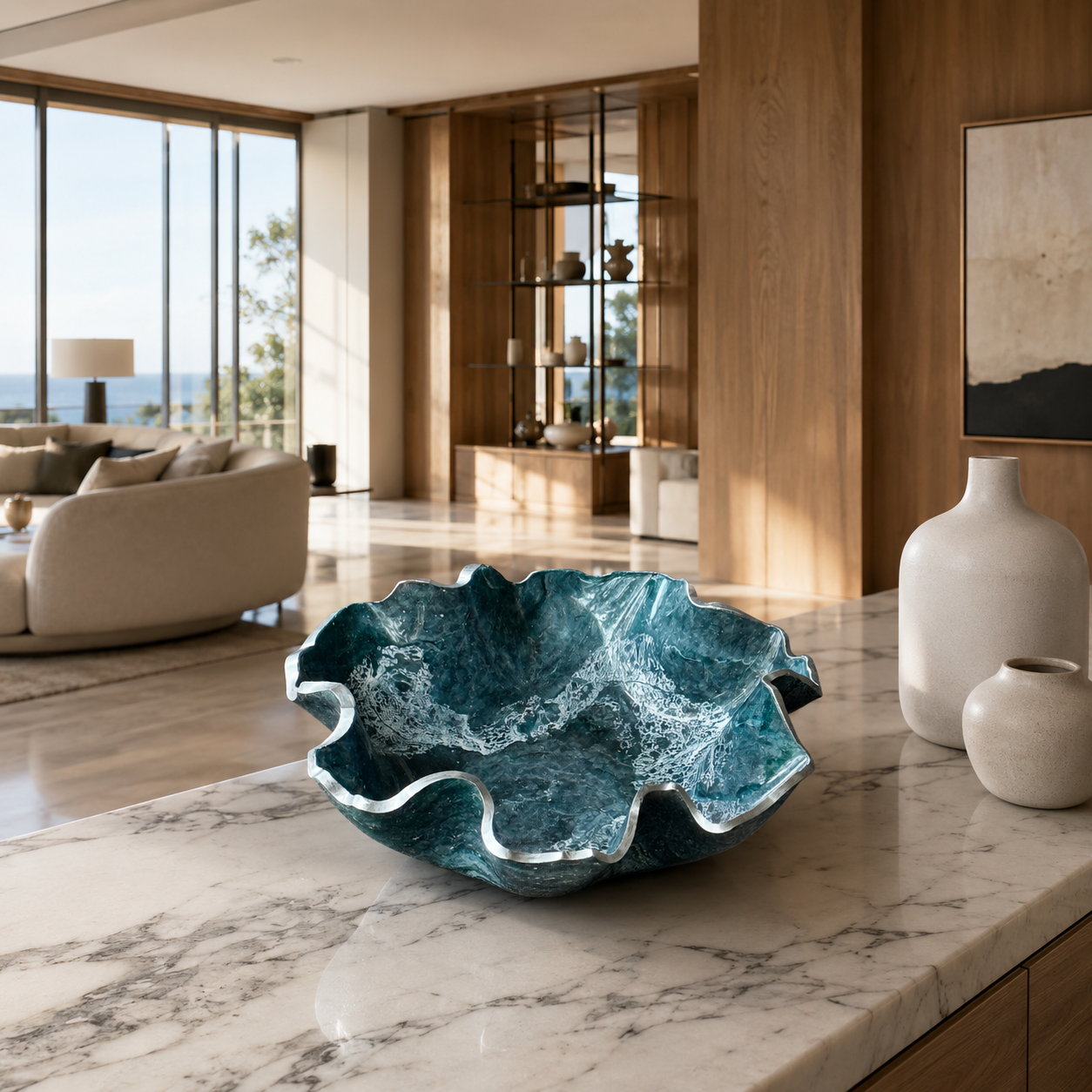 Medium Teal and Silver bowl, 11x3" geode design epoxy resin