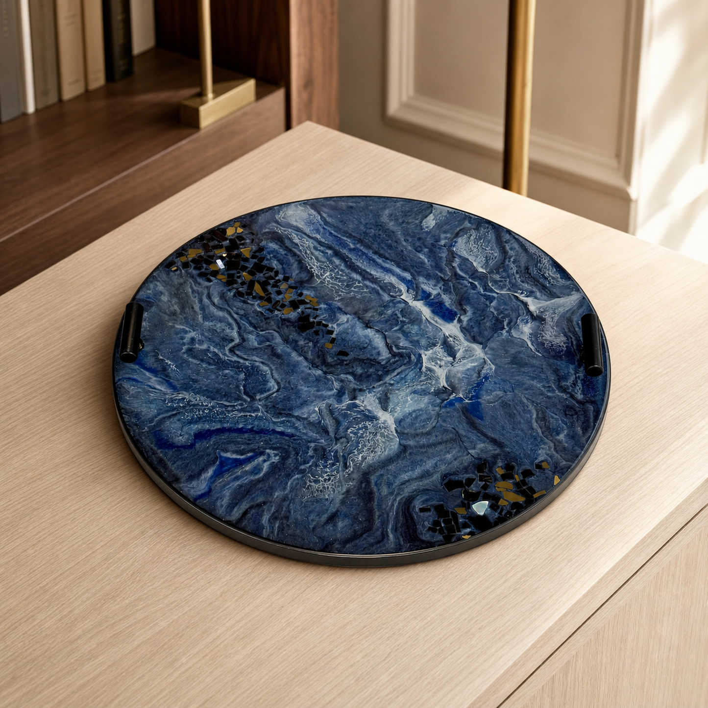 Blue Ottoman tray handmade epoxy resin geode design