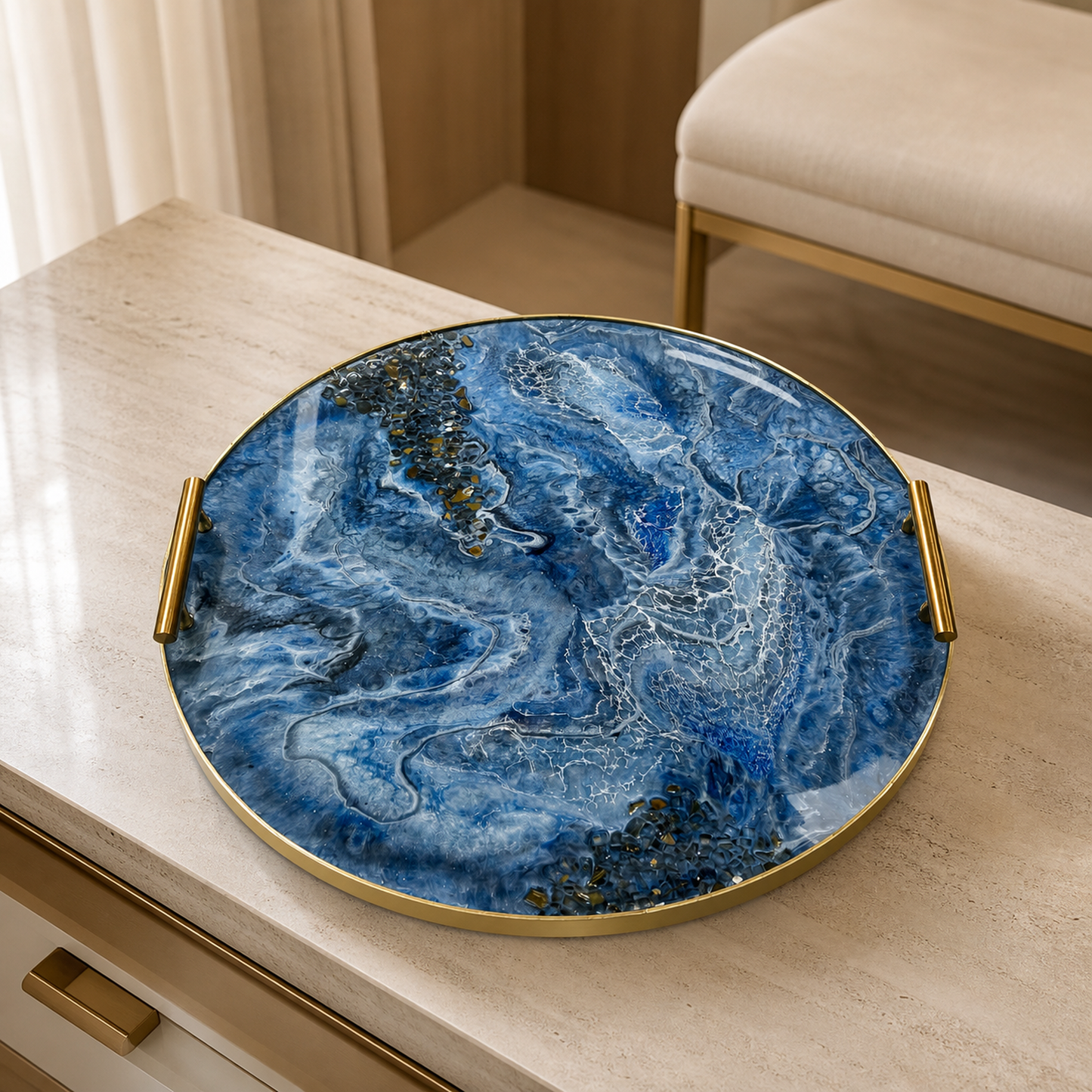 Blue Ottoman tray handmade epoxy resin geode design