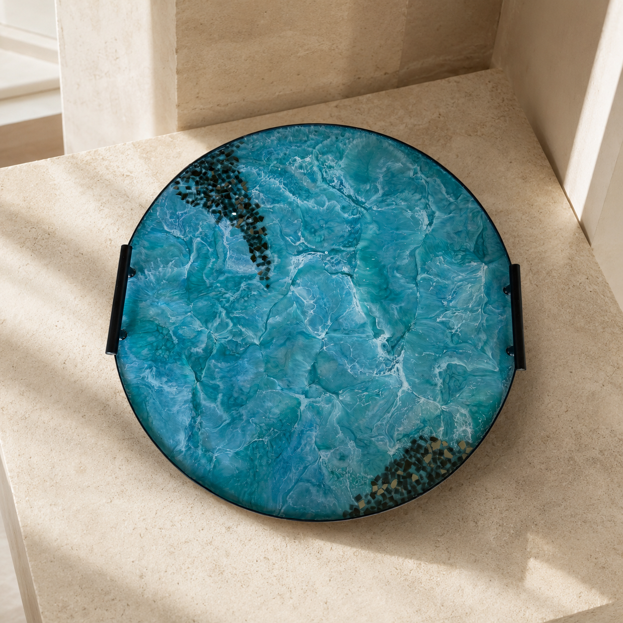 Ocean colors Ottoman tray handmade epoxy resin geode design