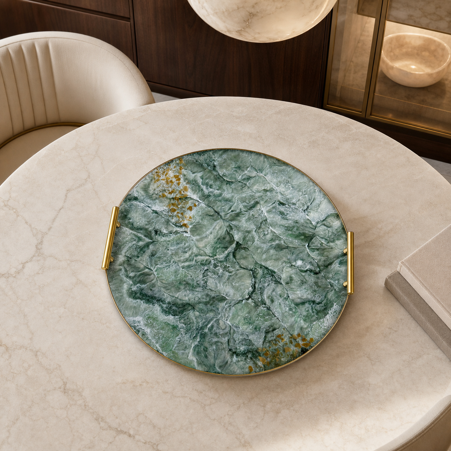 Green Ottoman tray handmade epoxy resin geode design