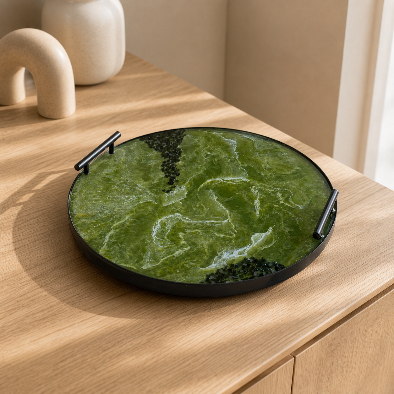 Olive Green Ottoman tray handmade epoxy resin geode design