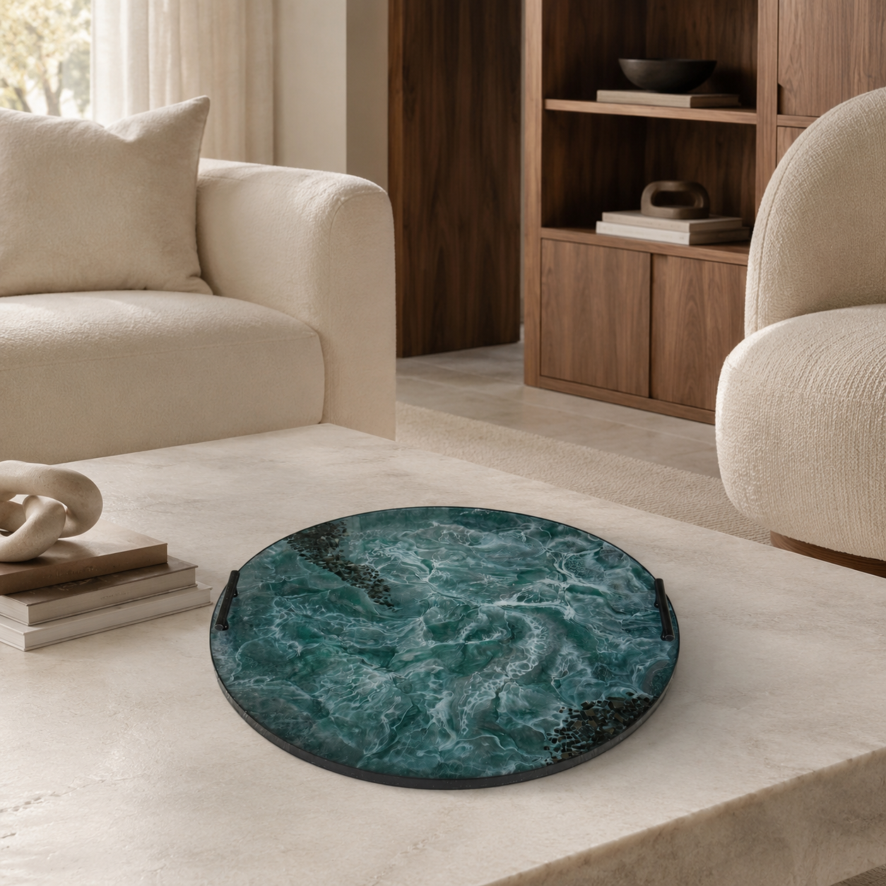 Teal and Silver Ottoman tray handmade epoxy resin geode design