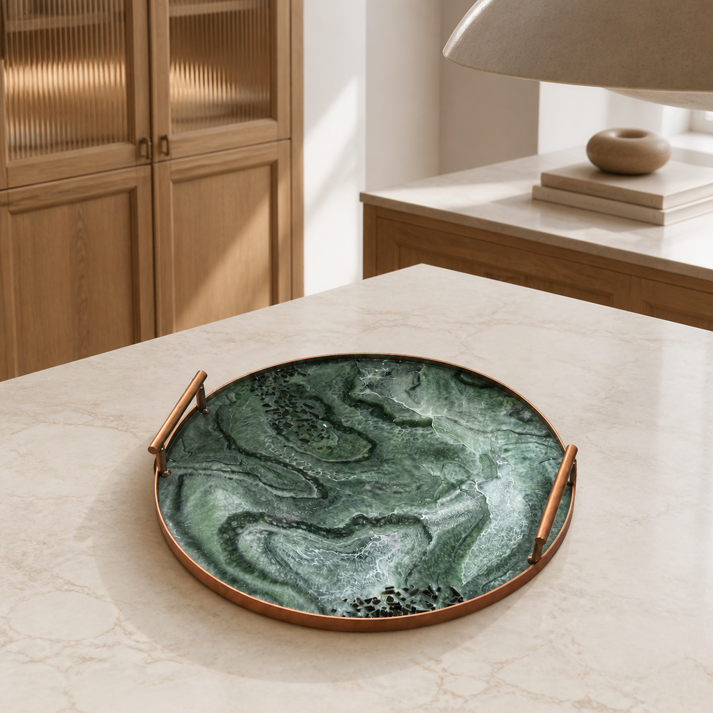 Green Ottoman tray handmade epoxy resin geode design