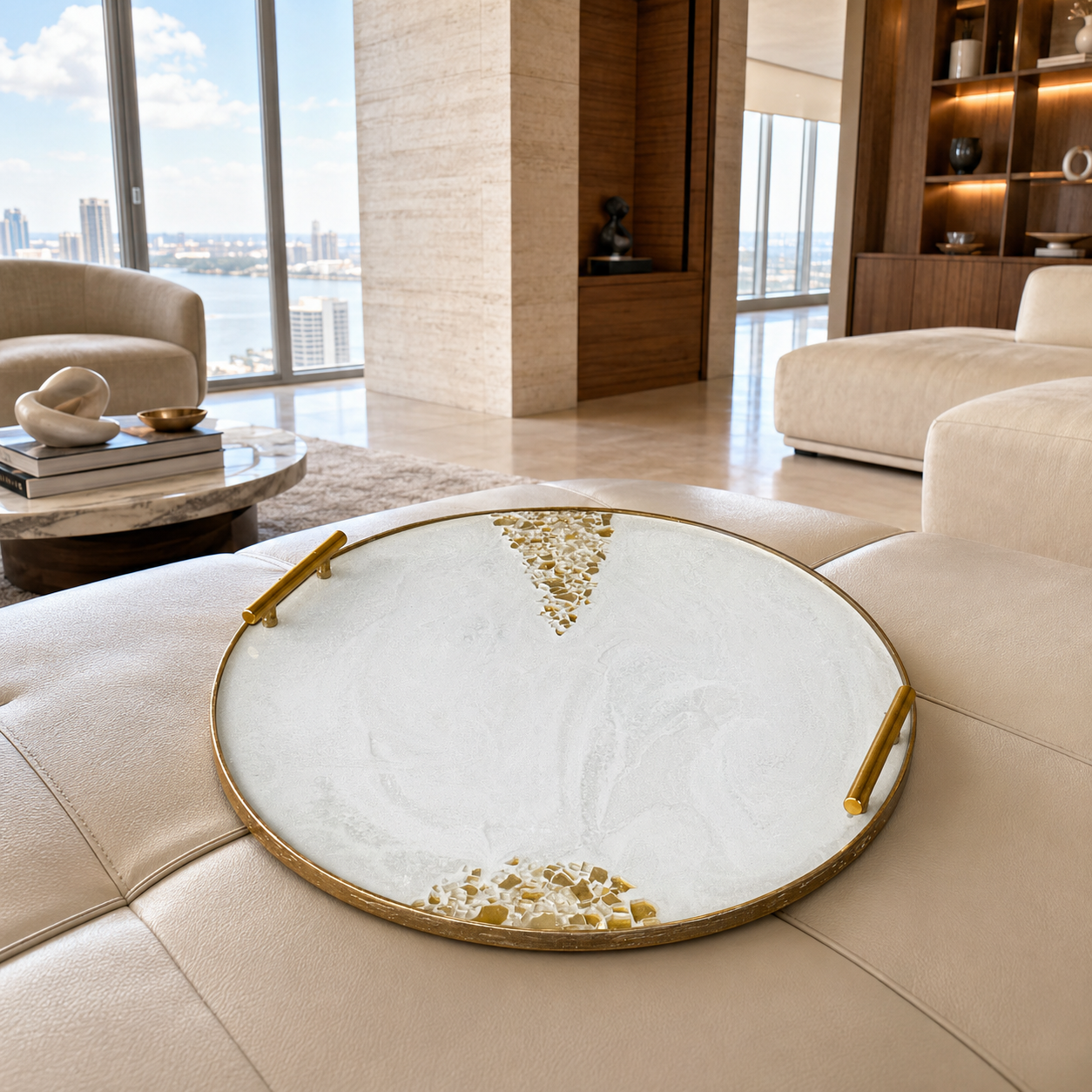 White Ottoman tray handmade epoxy resin geode design