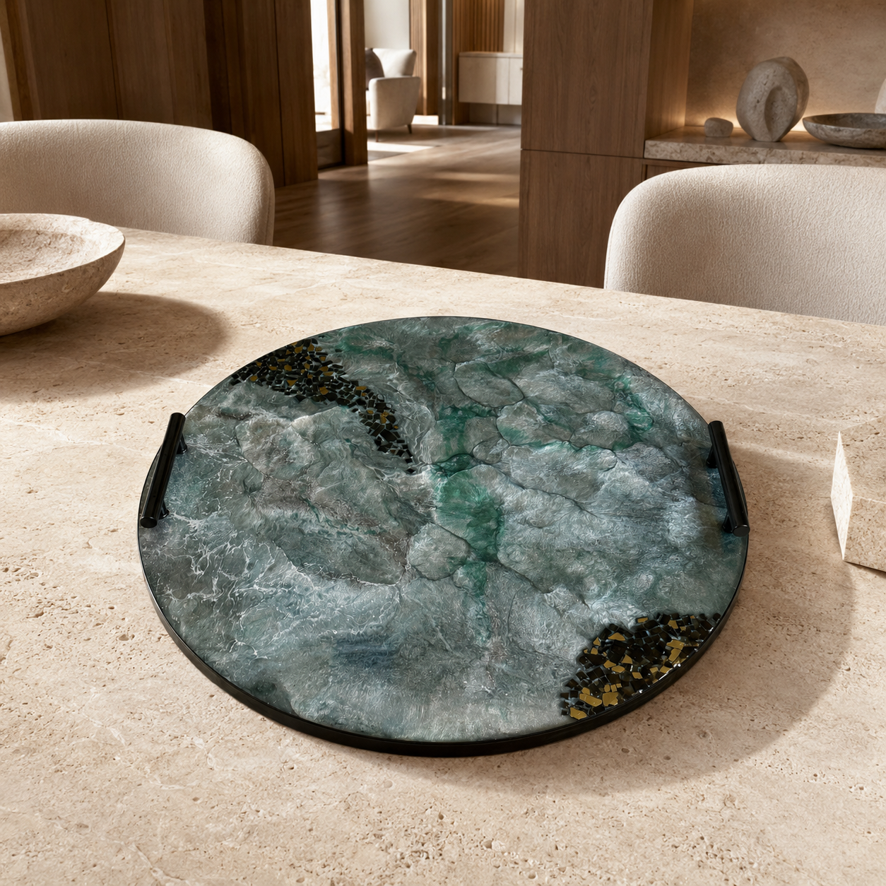 Teal and Silver Ottoman tray handmade epoxy resin geode design