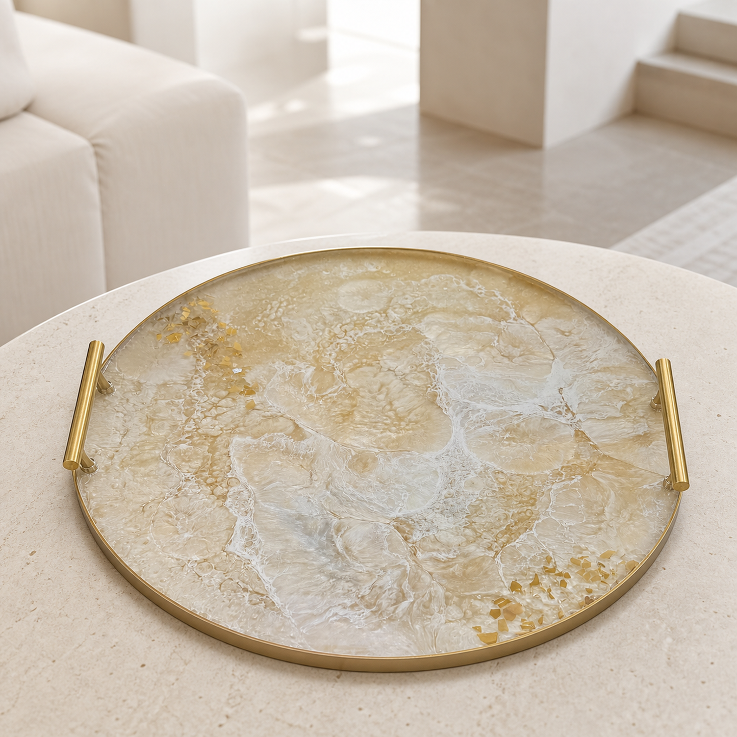Cream Ottoman tray handmade epoxy resin geode design