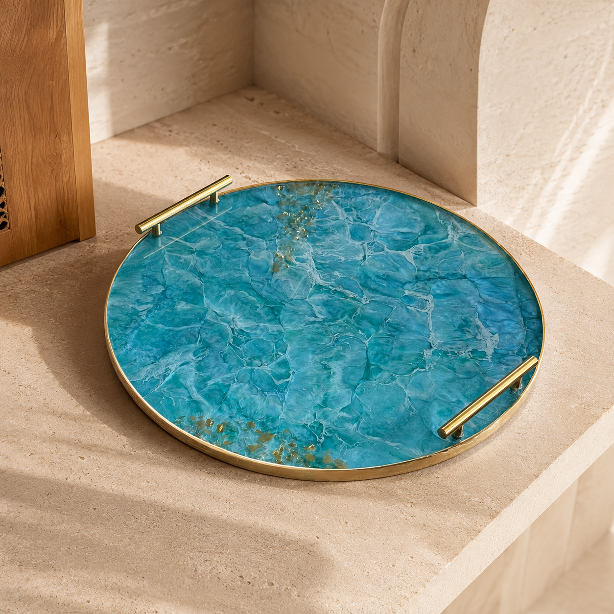 Ocean colors Ottoman tray handmade epoxy resin geode design