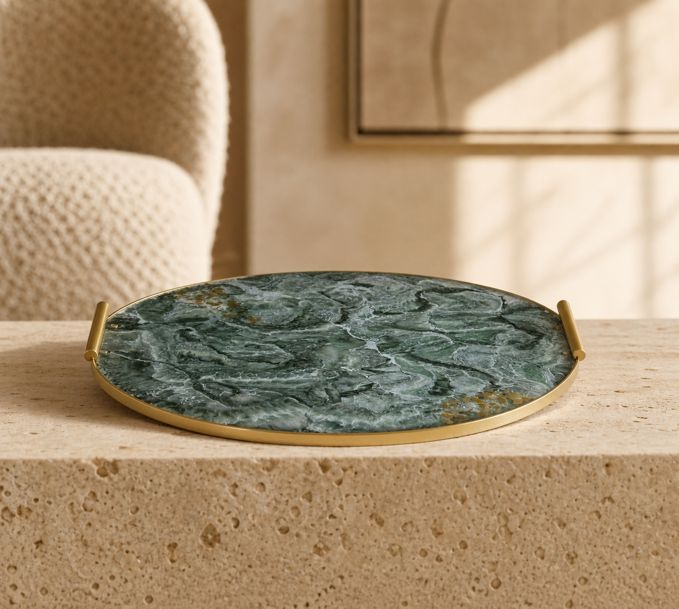 Green Ottoman tray handmade epoxy resin geode design
