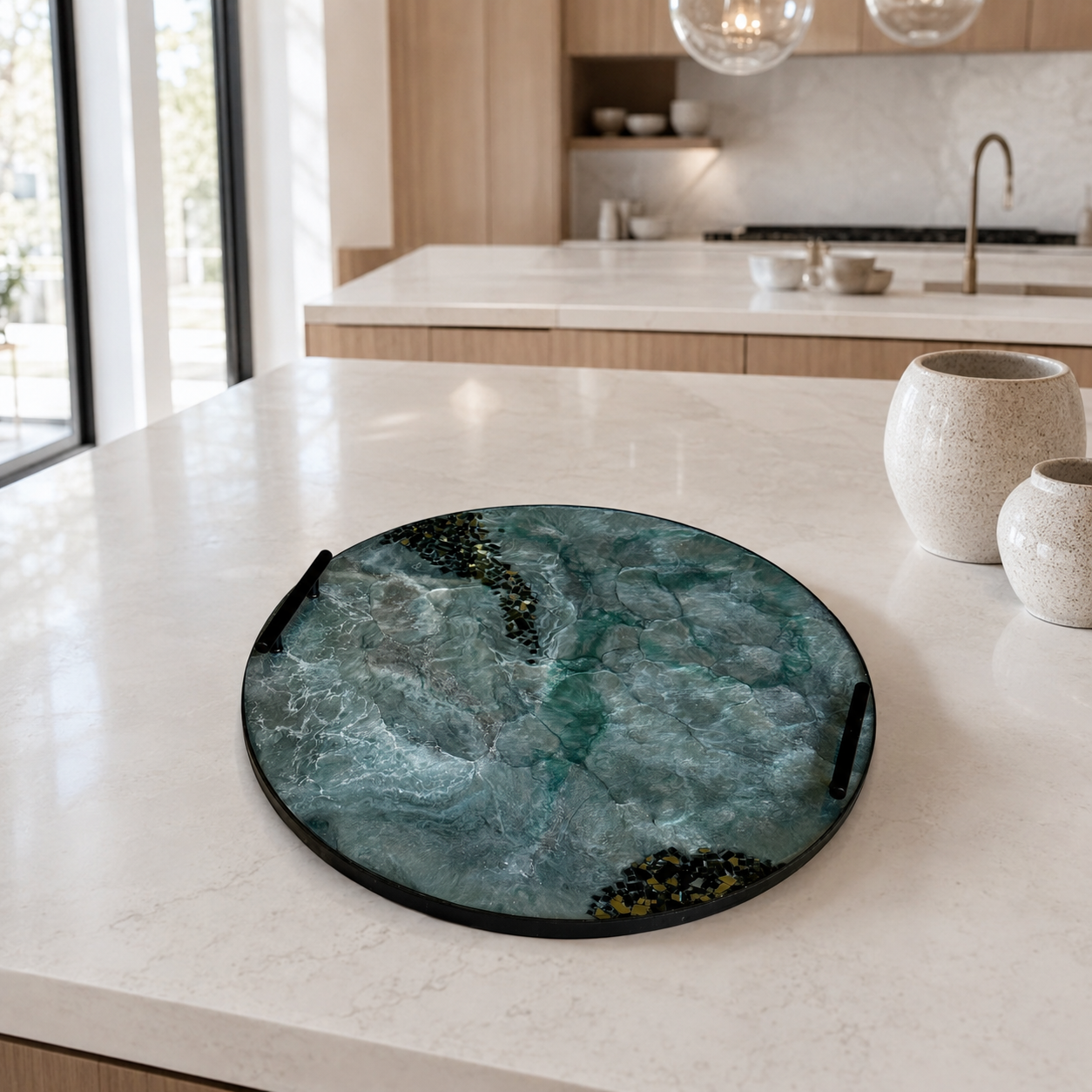 Teal and Silver Ottoman tray handmade epoxy resin geode design
