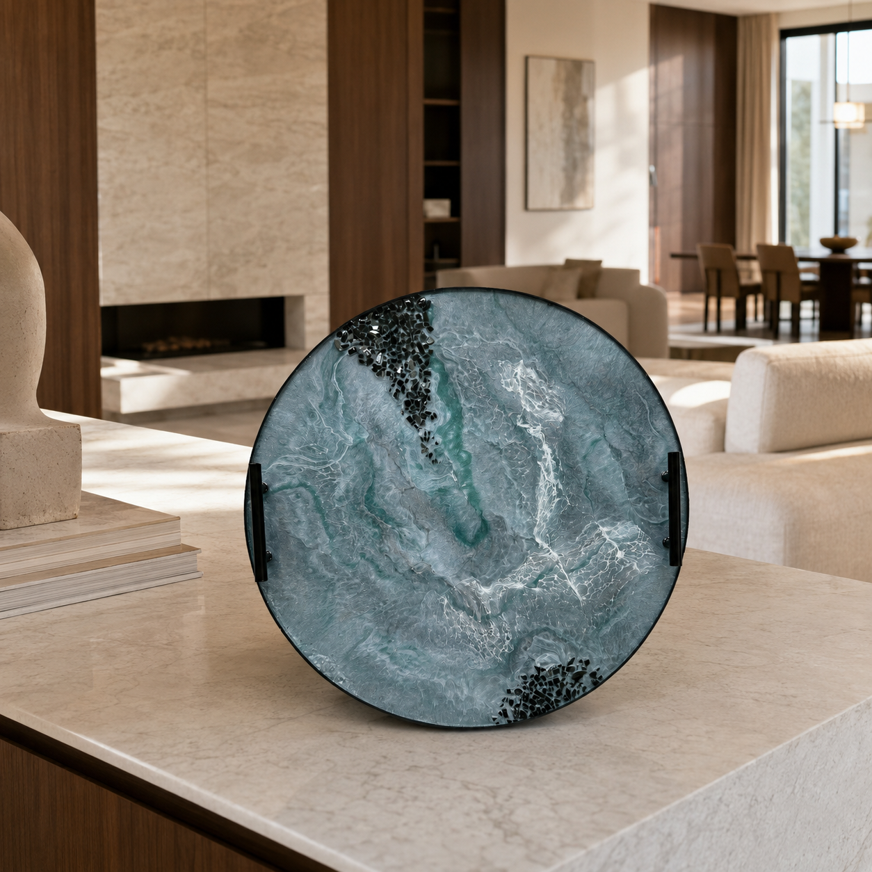Teal and Silver Ottoman tray handmade epoxy resin geode design
