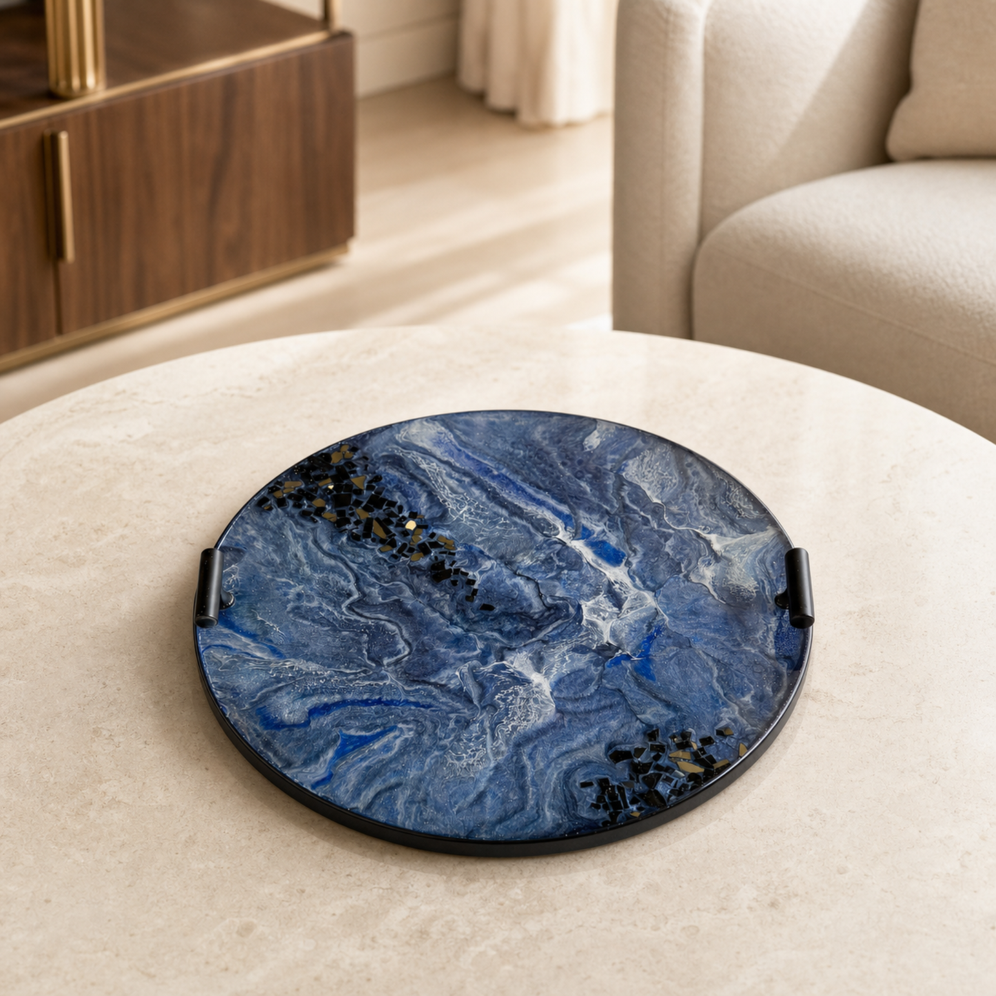 Blue Ottoman tray handmade epoxy resin geode design