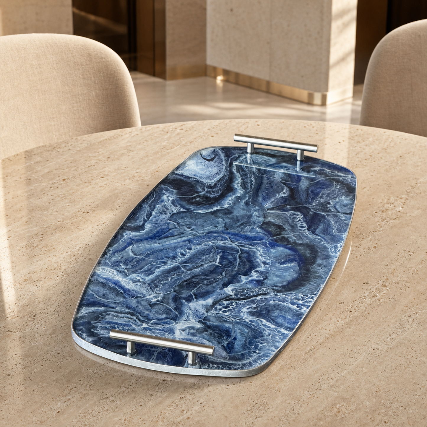 Blue large Party tray 24x13" handmade epoxy resin geode design