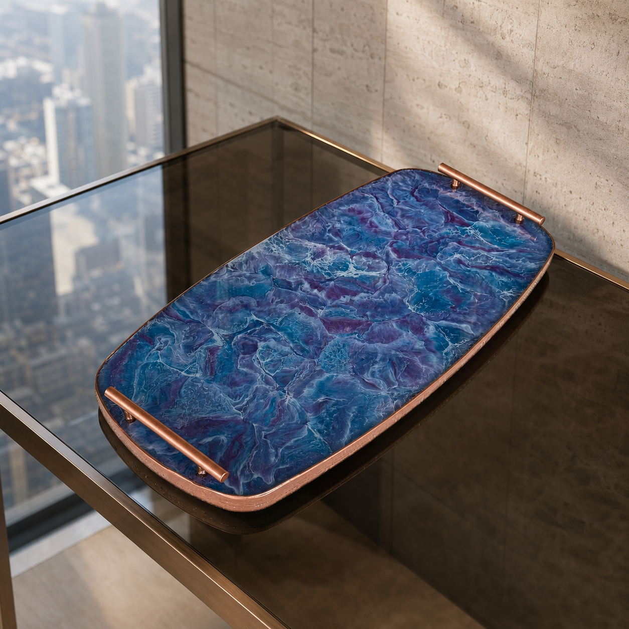 Blue and Purple large Party tray 24x13" handmade epoxy resin geode design