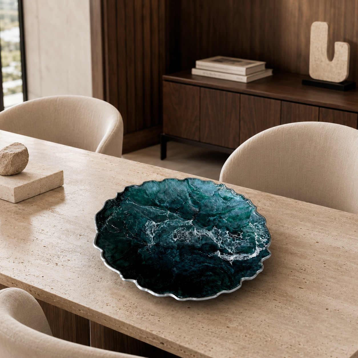 Teal and Silver Platter 12" geode design epoxy resin