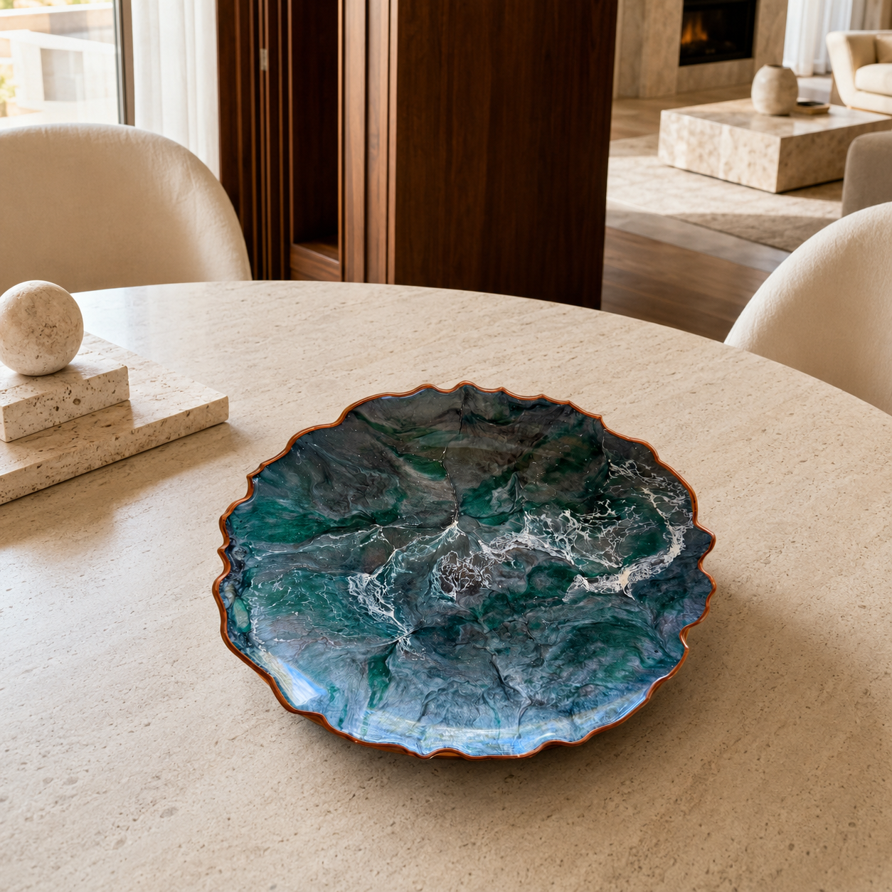 Teal and Silver Platter 12" geode design epoxy resin