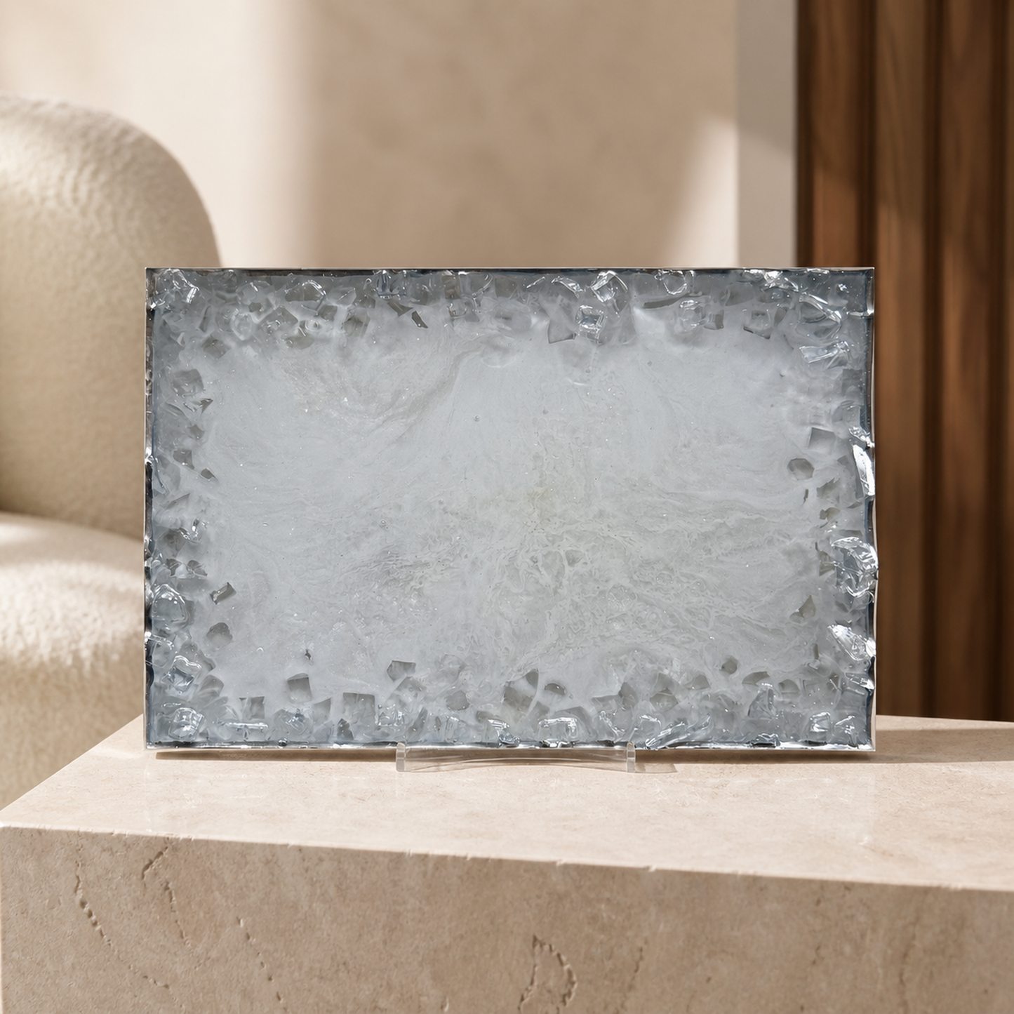 White rectangle tray handmade epoxy resin geode design, 3 sizes