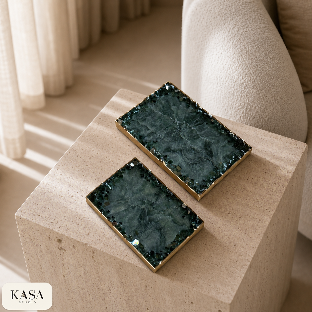 Green rectangle tray handmade epoxy resin geode design, 3 sizes