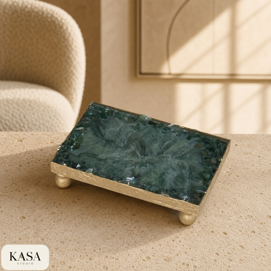 Green rectangle tray handmade epoxy resin geode design, 3 sizes