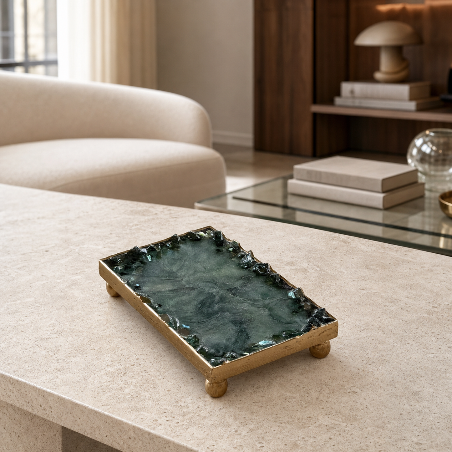 Green rectangle tray handmade epoxy resin geode design, 3 sizes