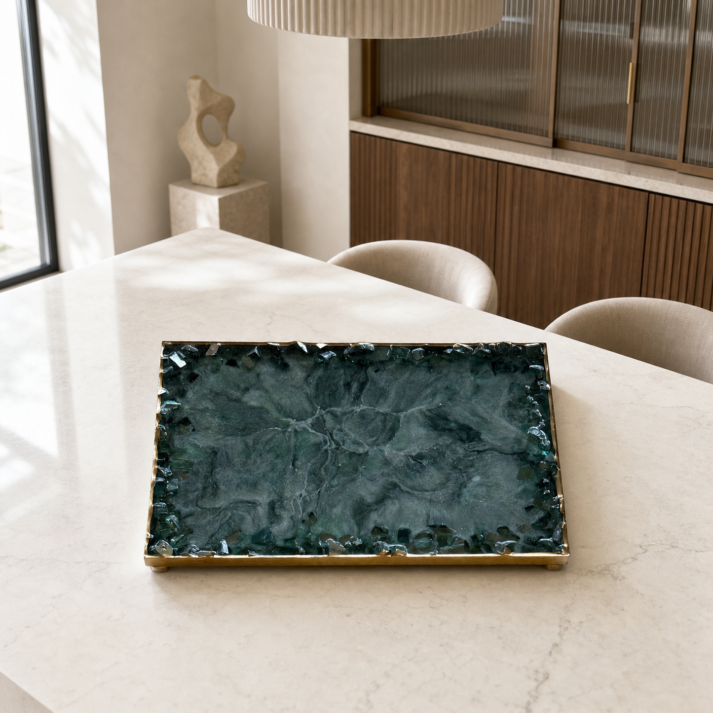 Green rectangle tray handmade epoxy resin geode design, 3 sizes
