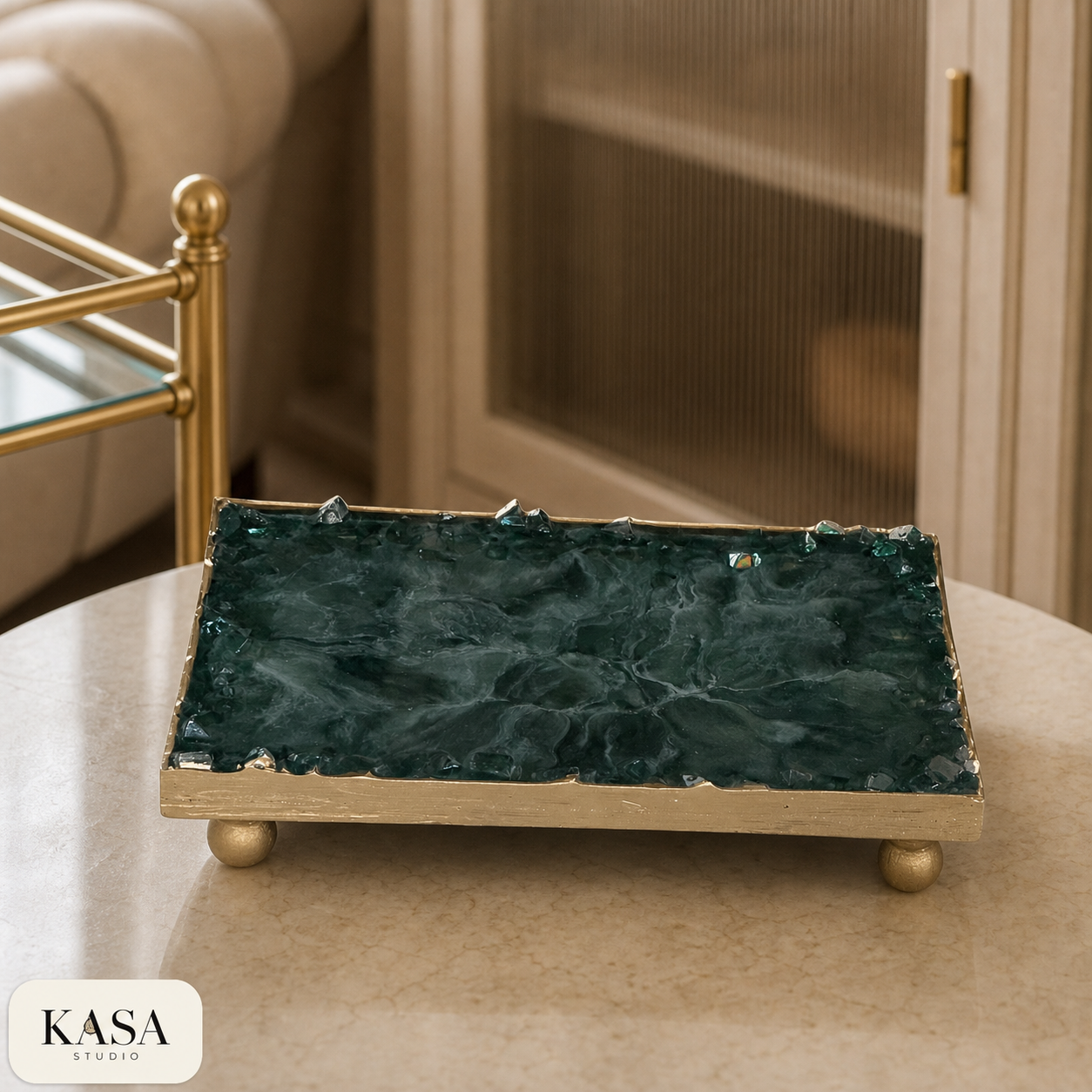 Green rectangle tray handmade epoxy resin geode design, 3 sizes