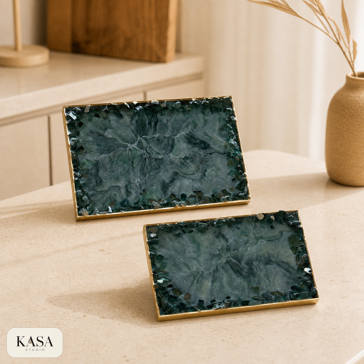 Green rectangle tray handmade epoxy resin geode design, 3 sizes