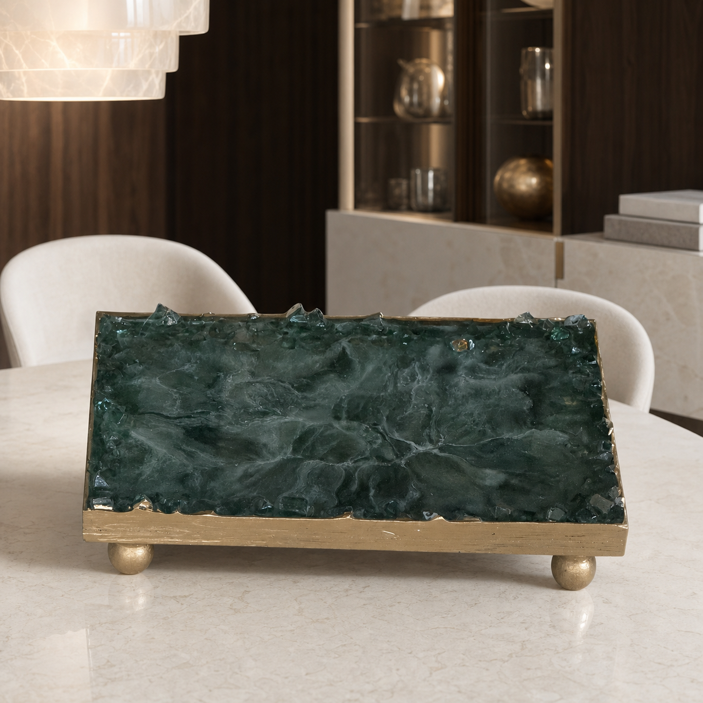 Green rectangle tray handmade epoxy resin geode design, 3 sizes