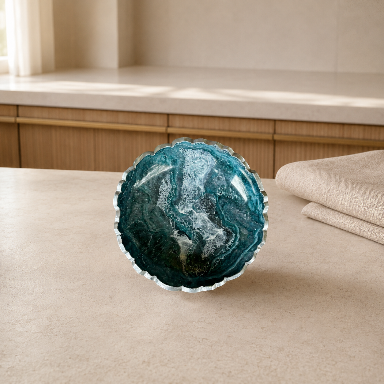 Small Teal and Silver bowl, 8x2" geode design epoxy resin