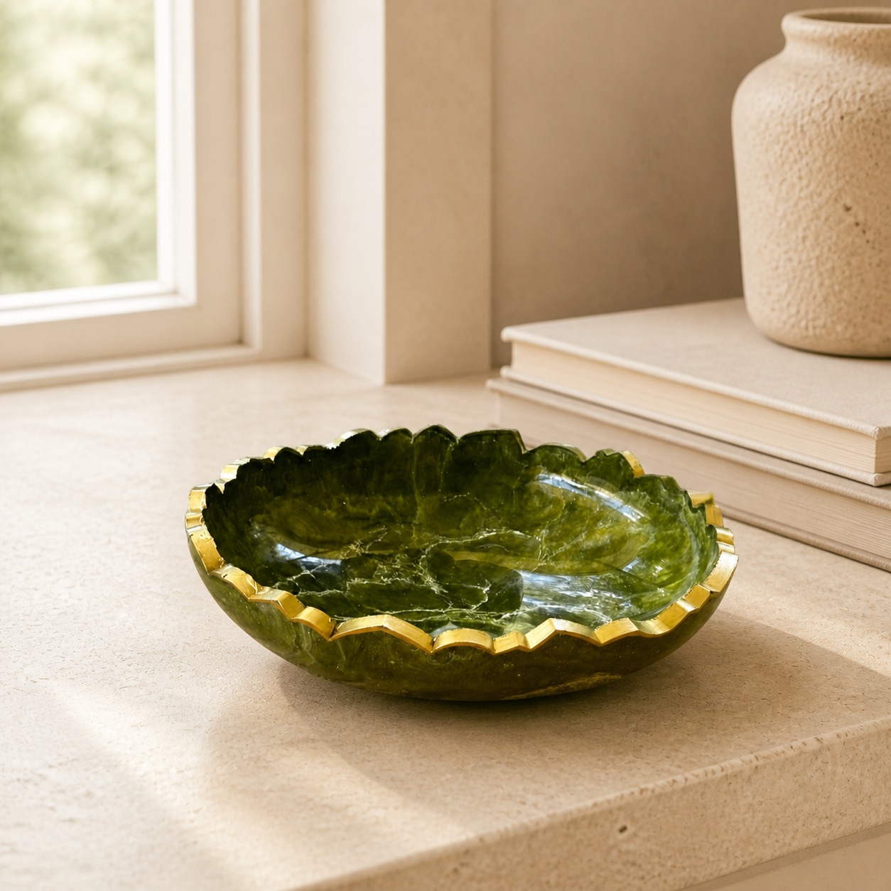 Small Olive green bowl, 8x2" geode design epoxy resin
