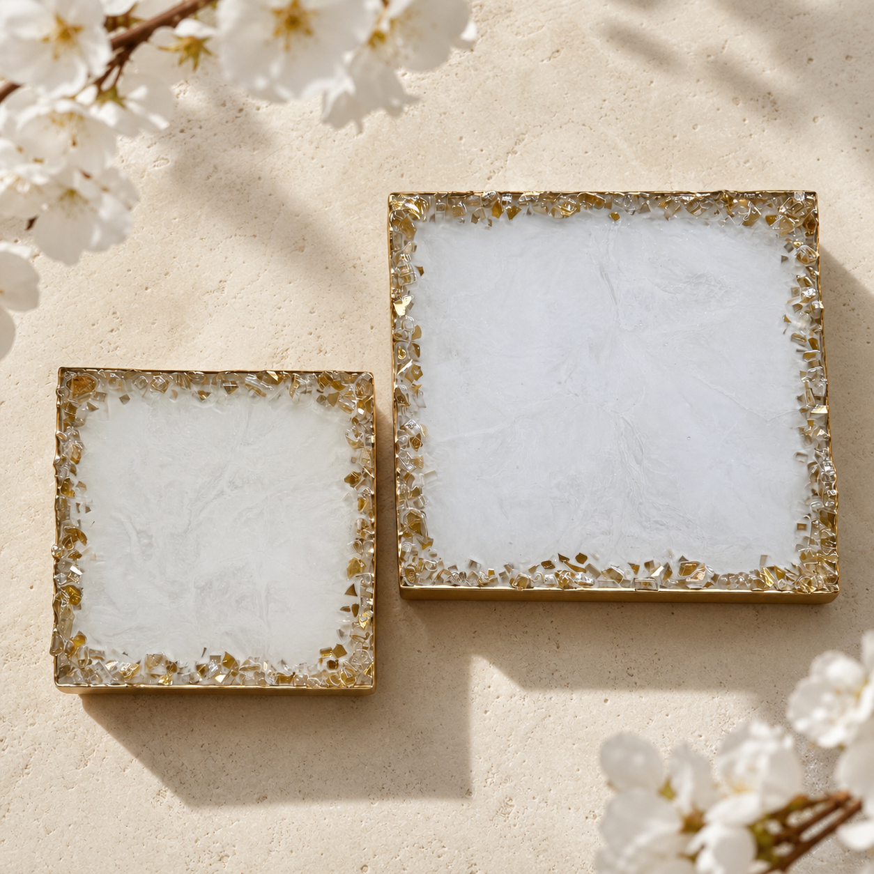 White square tray handmade epoxy resin geode design, 3 sizes