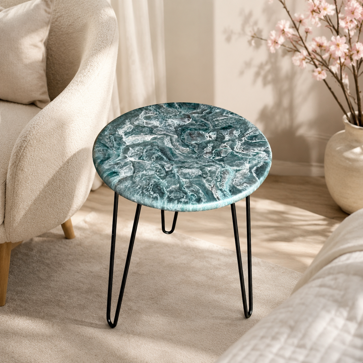 Teal and Silver Handmade Epoxy Resin End Table – 18" Geode Design with Black Hairpin Legs