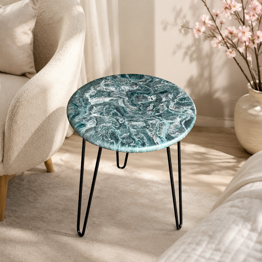 Teal and Silver Handmade Epoxy Resin End Table – 18" Geode Design with Black Hairpin Legs