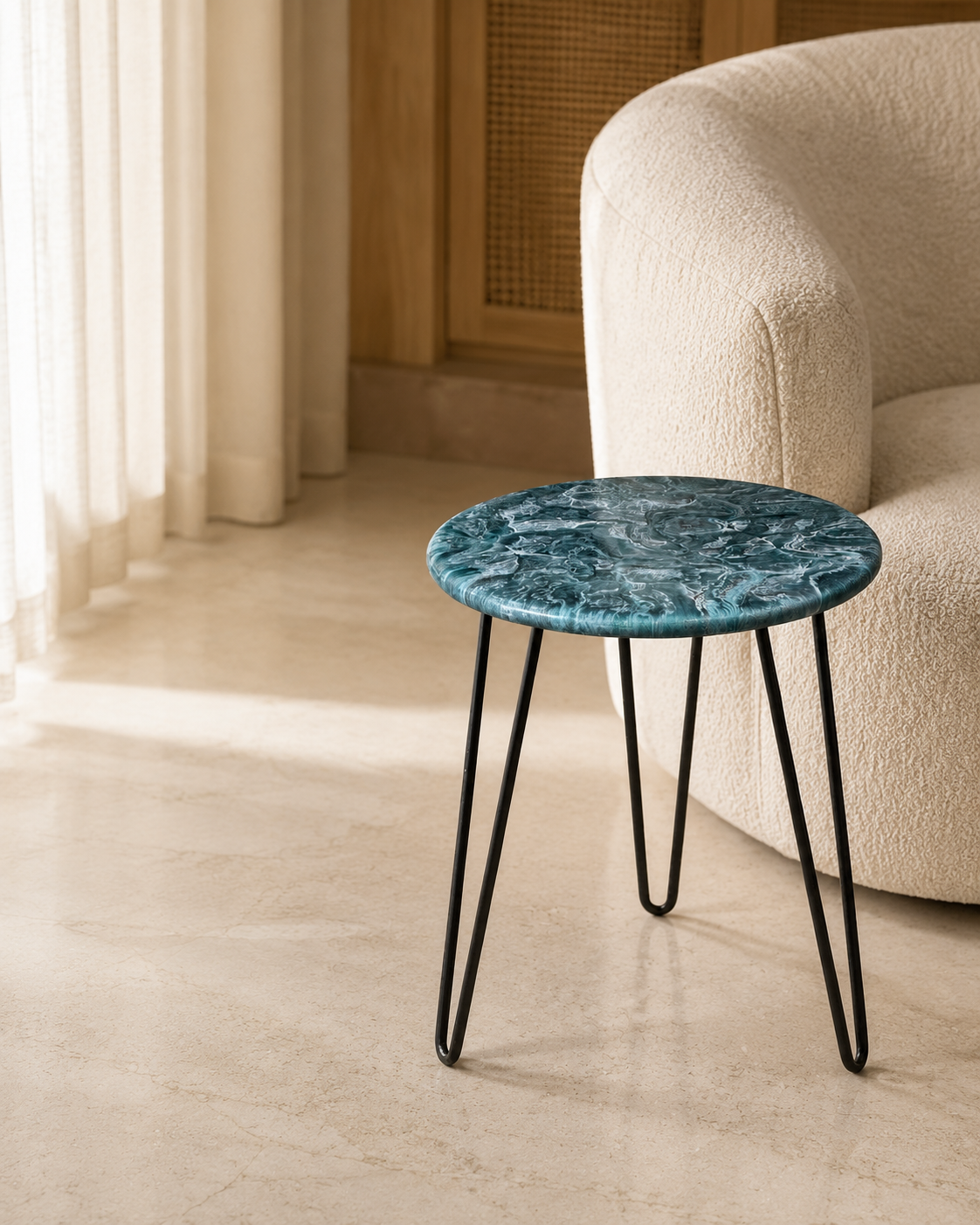 Teal and Silver Handmade Epoxy Resin End Table – 18" Geode Design with Black Hairpin Legs