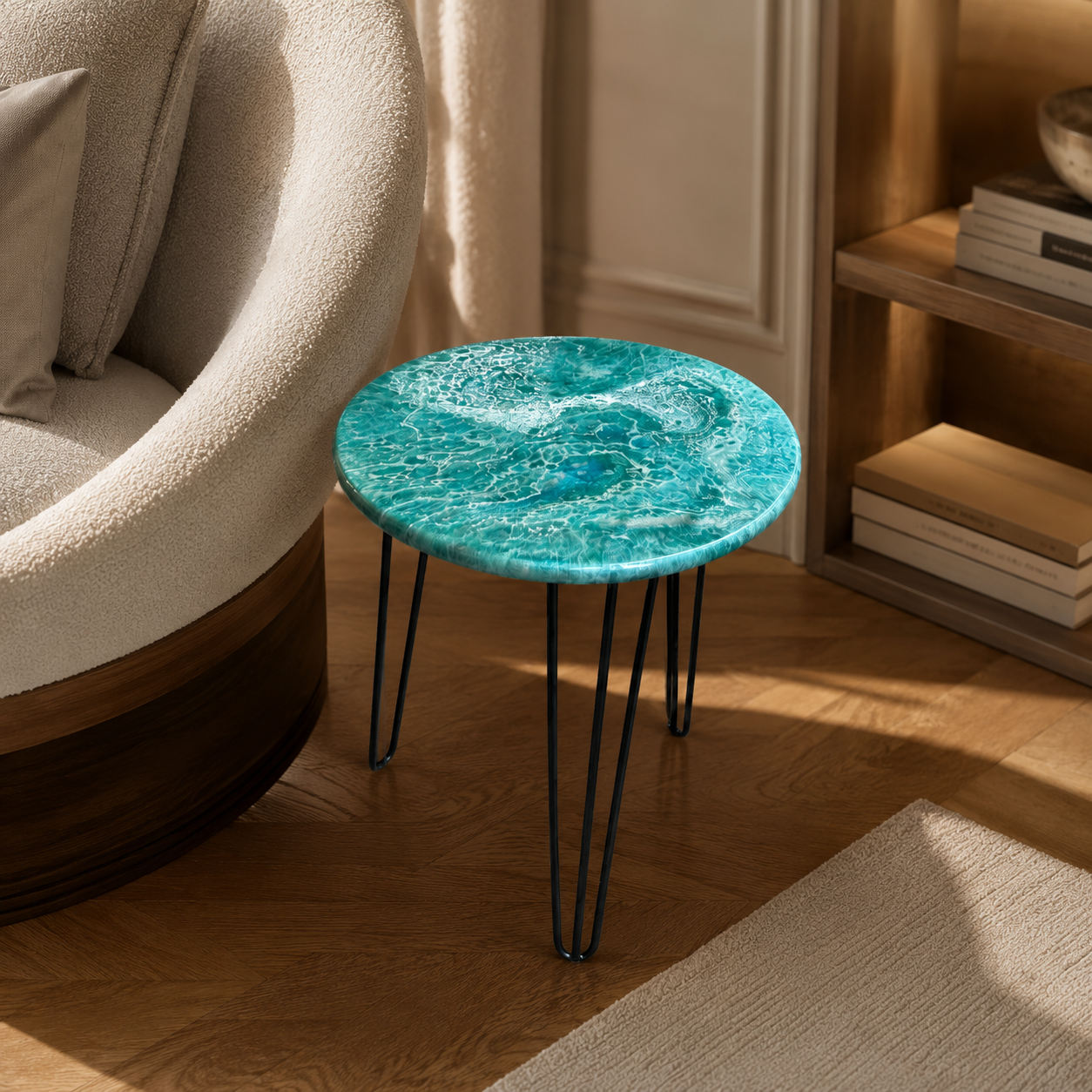 Ocean Colors Handmade Epoxy Resin End Table – 18" Geode Design with Black Hairpin Legs (Copy) (Copy)