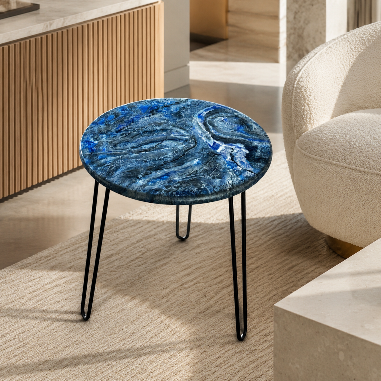 Blue Handmade Epoxy Resin End Table – 18" Geode Design with Black Hairpin Legs (Copy)