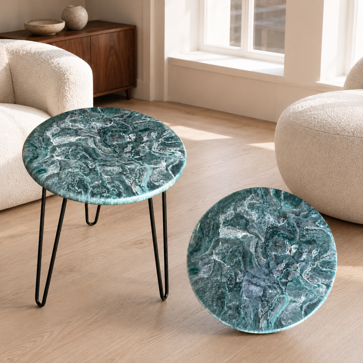 Teal and Silver Handmade Epoxy Resin End Table – 18" Geode Design with Black Hairpin Legs