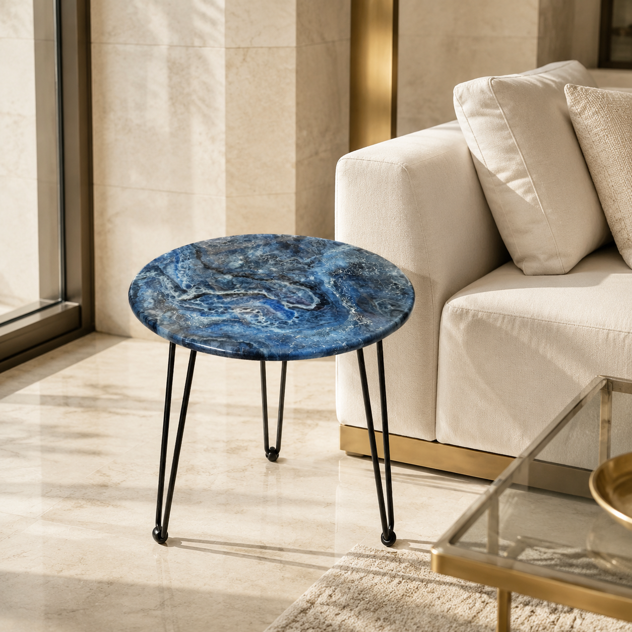 Blue Handmade Epoxy Resin End Table – 18" Geode Design with Black Hairpin Legs (Copy)