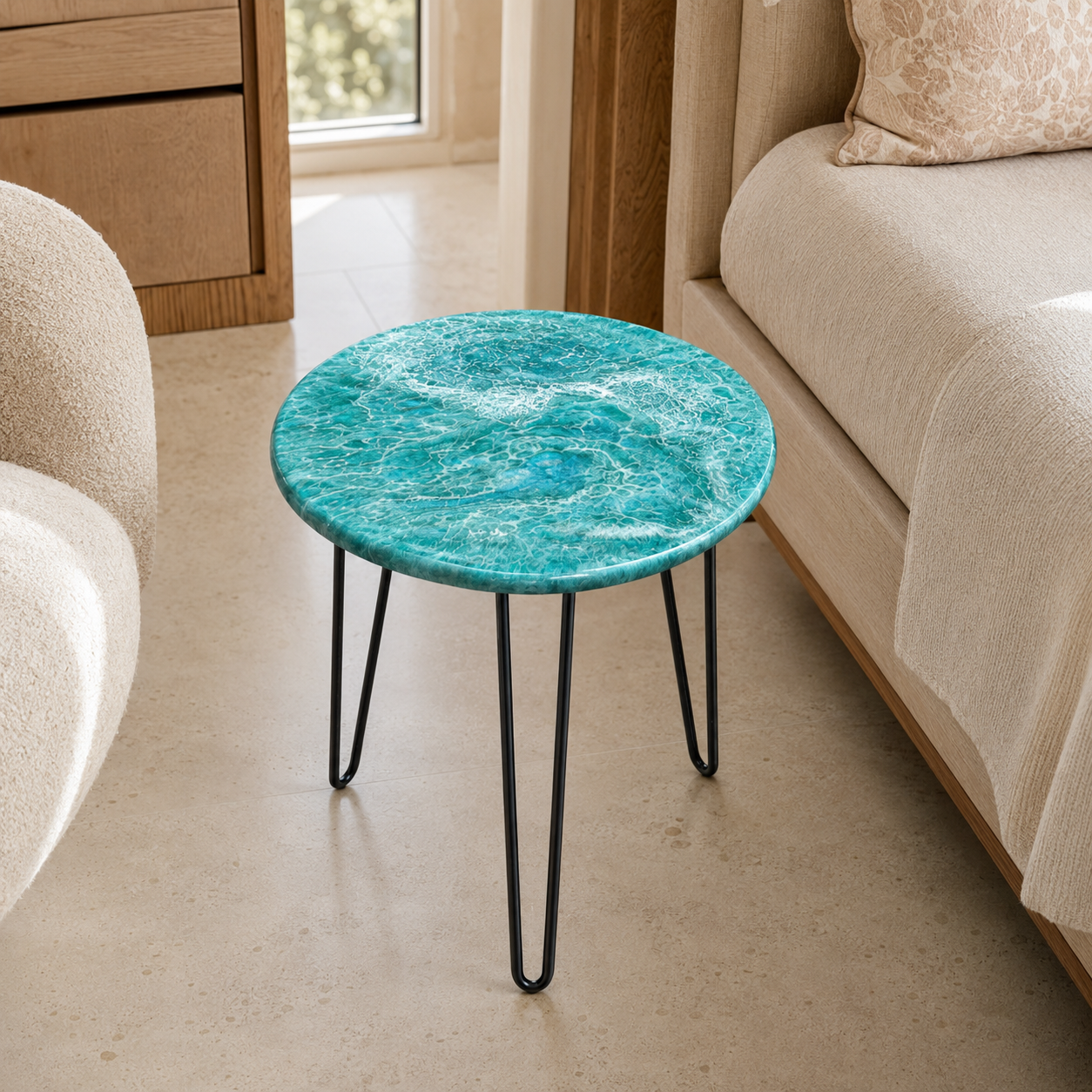 Ocean Colors Handmade Epoxy Resin End Table – 18" Geode Design with Black Hairpin Legs (Copy) (Copy)