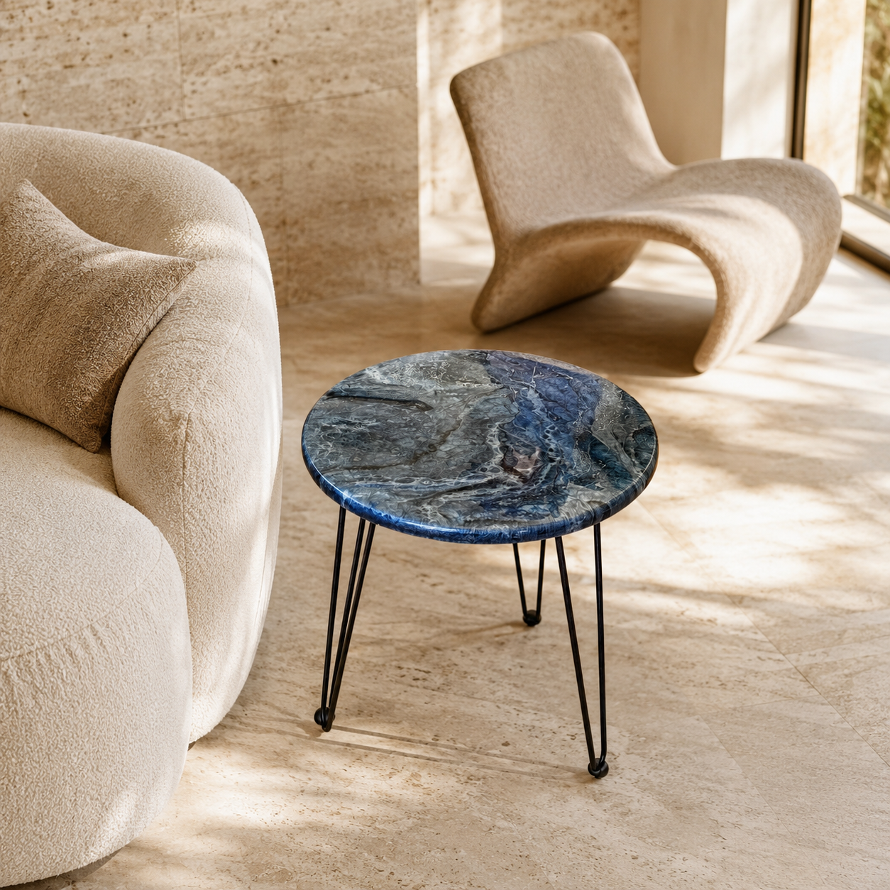 Blue Handmade Epoxy Resin End Table – 18" Geode Design with Black Hairpin Legs (Copy)