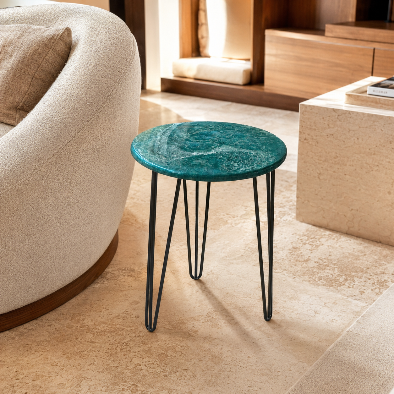 Ocean Colors Handmade Epoxy Resin End Table – 18" Geode Design with Black Hairpin Legs (Copy) (Copy)
