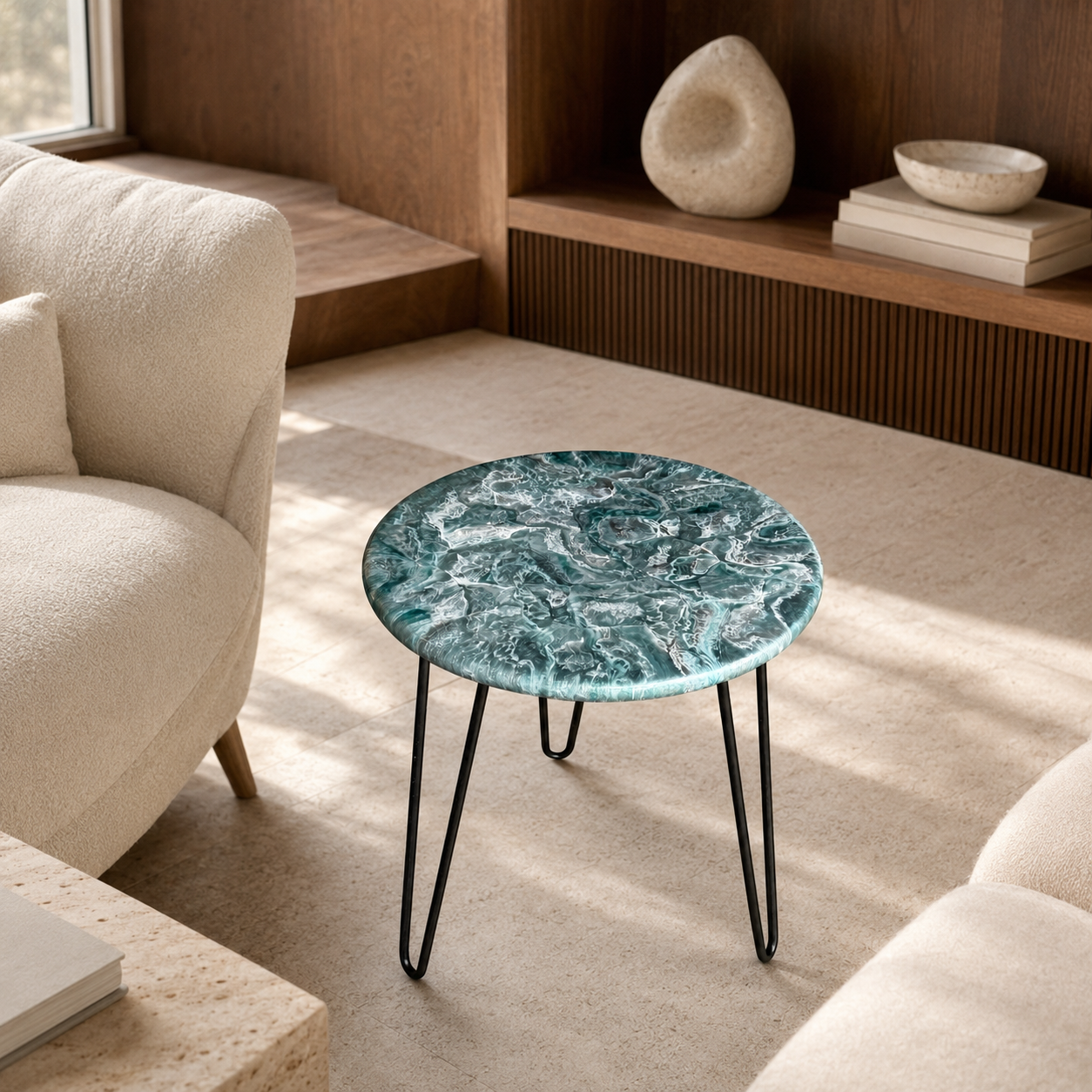 Teal and Silver Handmade Epoxy Resin End Table – 18" Geode Design with Black Hairpin Legs