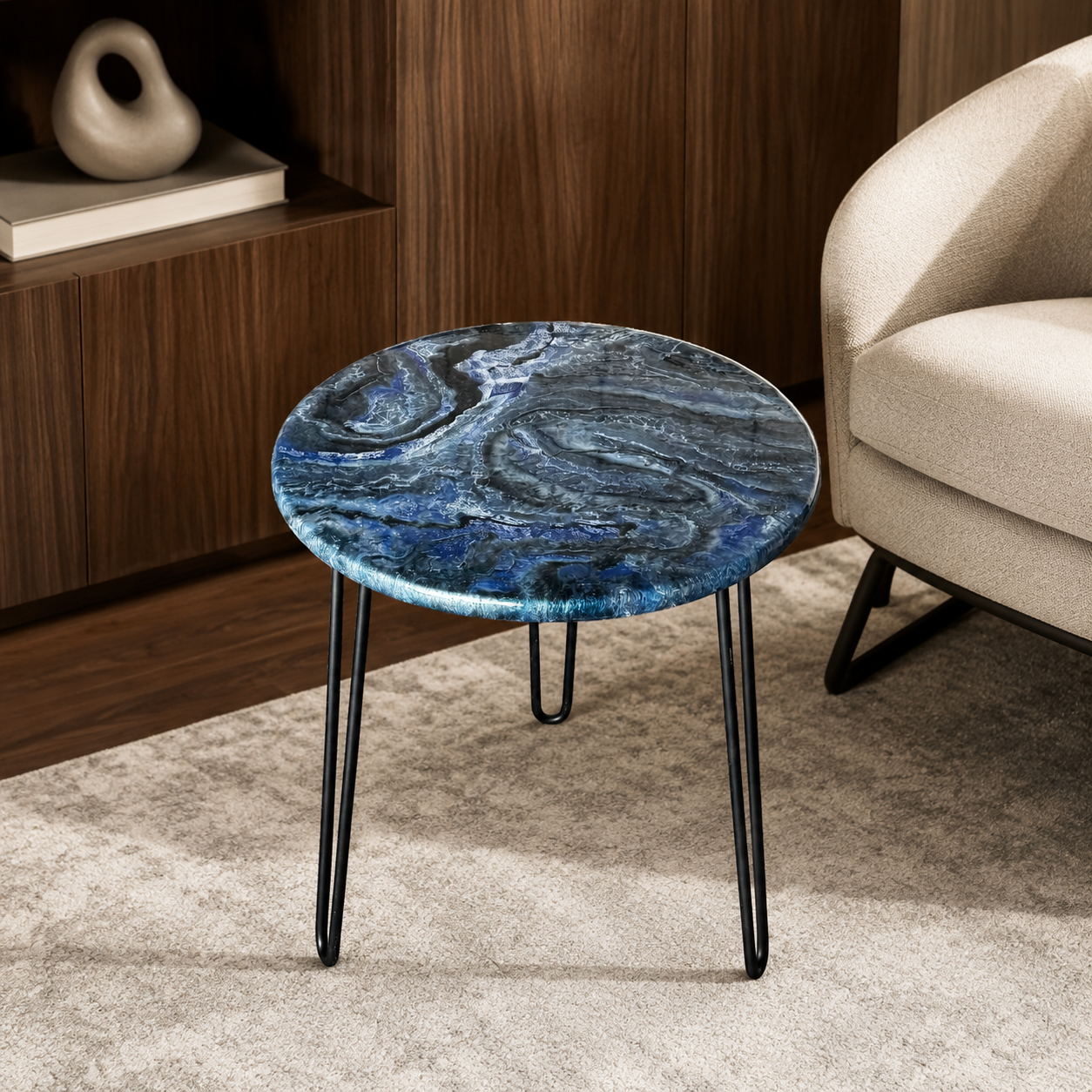 Blue Handmade Epoxy Resin End Table – 18" Geode Design with Black Hairpin Legs (Copy)