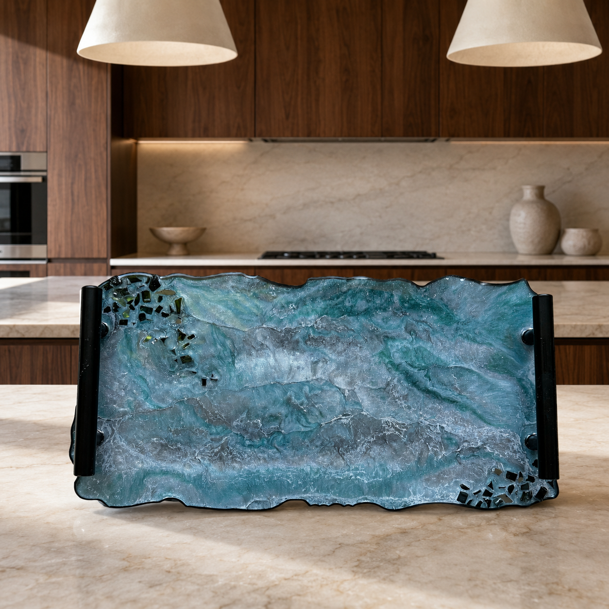Teal and Silver tray handmade epoxy resin geode design