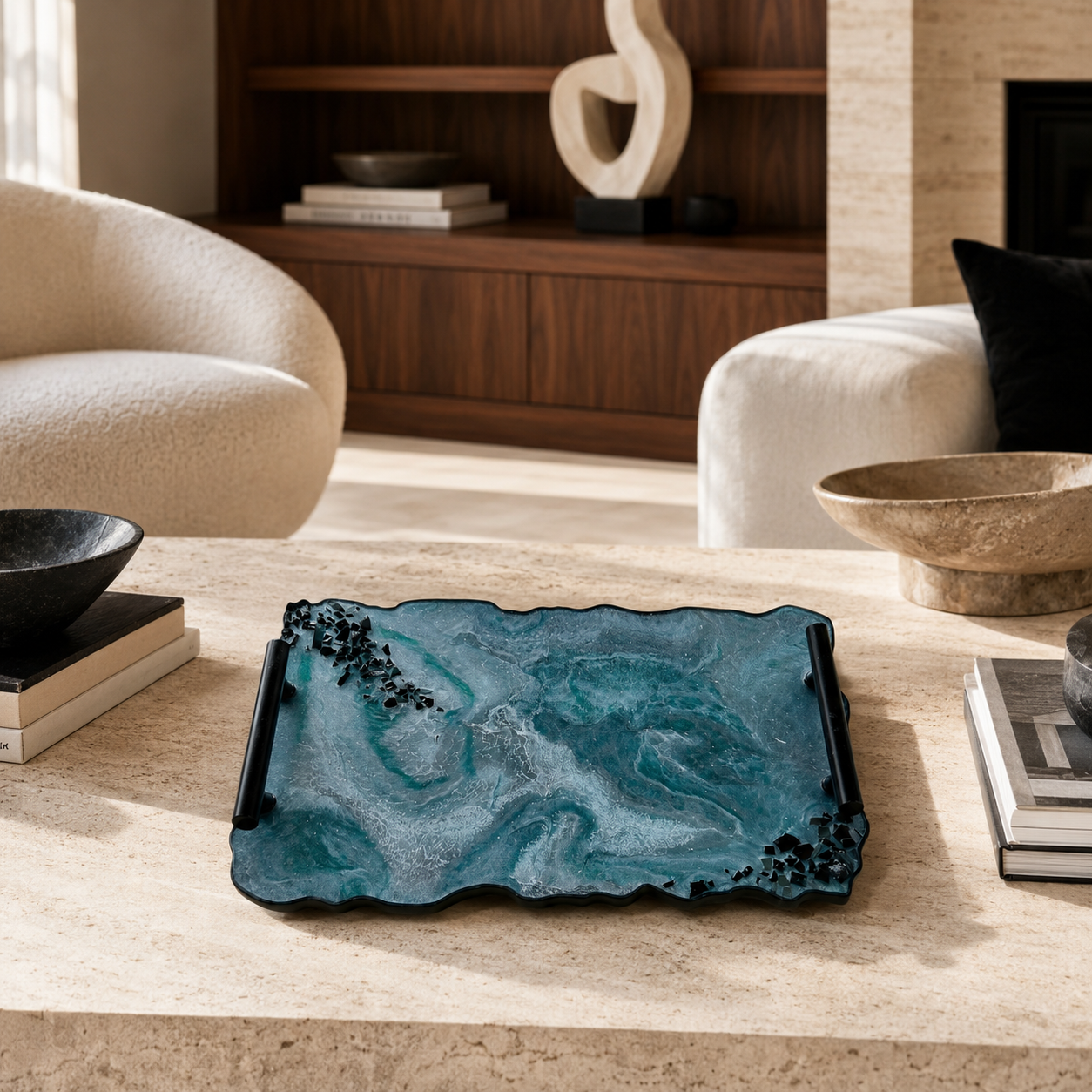 Teal and Silver tray handmade epoxy resin geode design