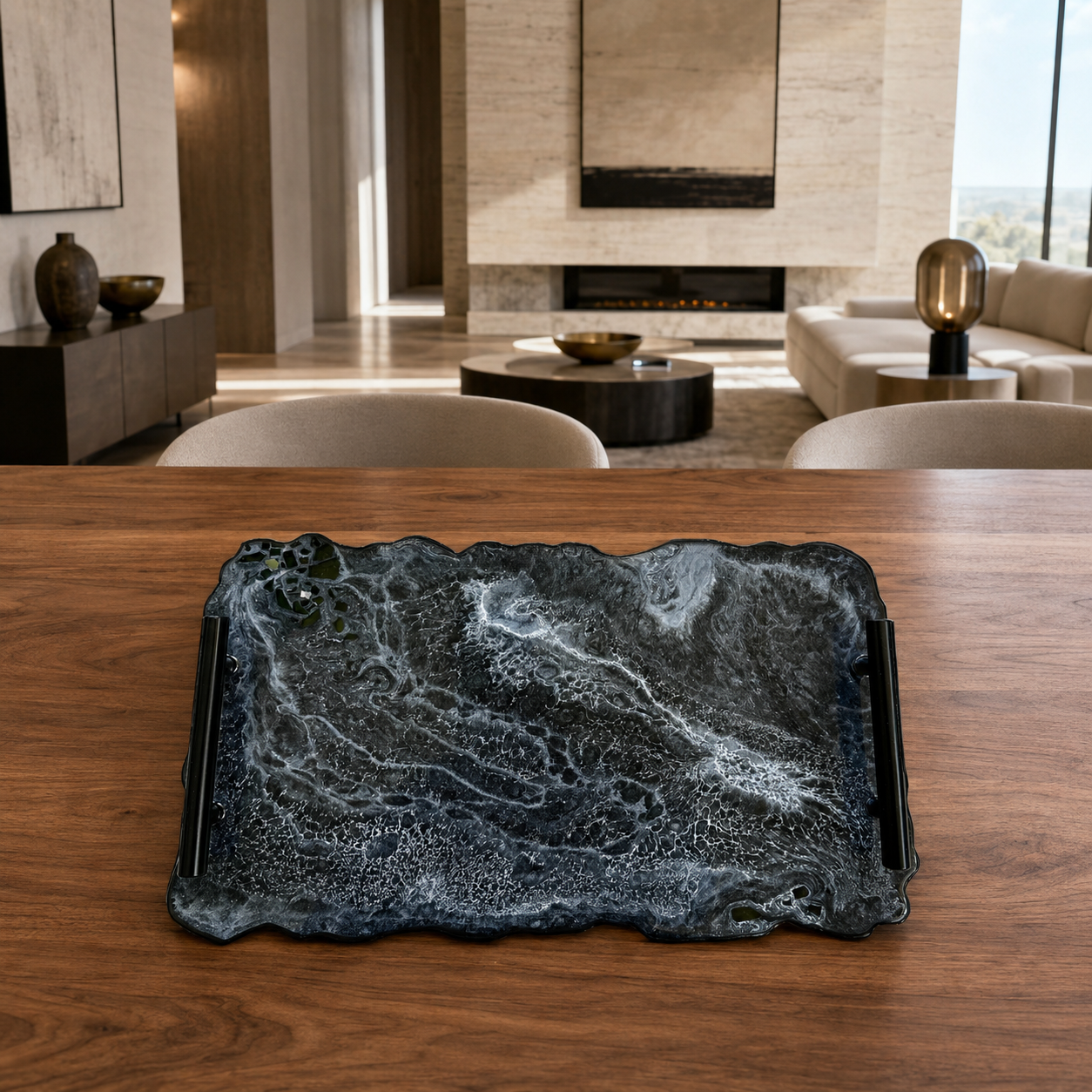 Black tray handmade epoxy resin geode design