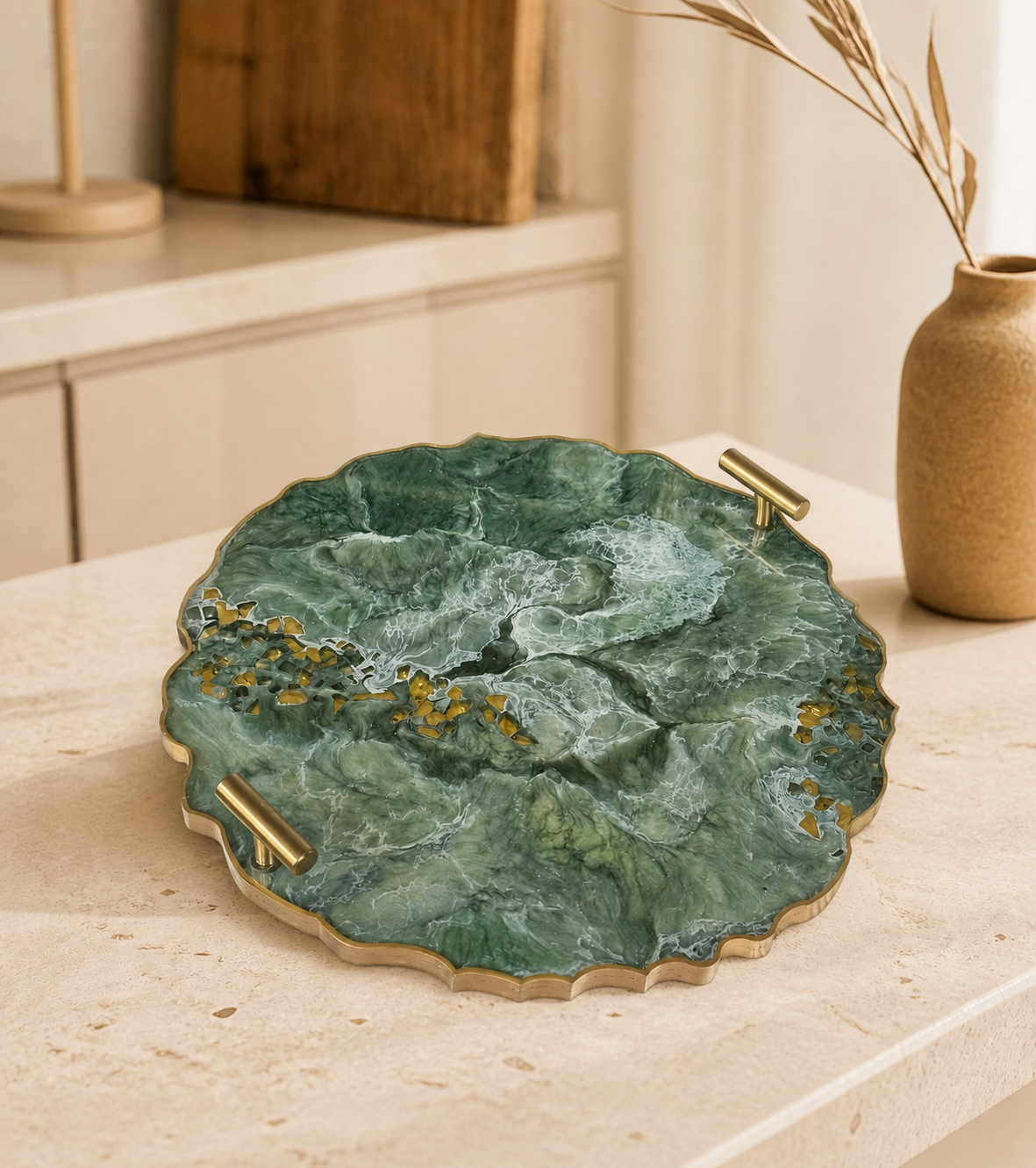 Green tray handmade epoxy resin geode design