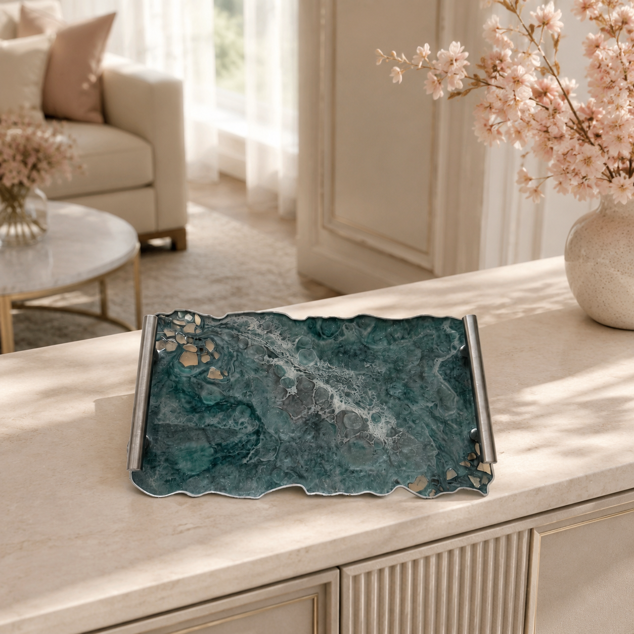 Teal and Silver tray handmade epoxy resin geode design
